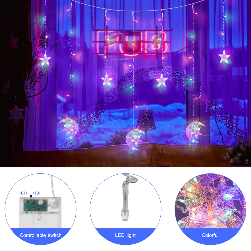 Uonlytech 2.5M 138 LED Colorful Curtain Light String Battery Operated Star Moon String Lamp Decorative Night Light for Home Wedding Holiday Parties without Batteries