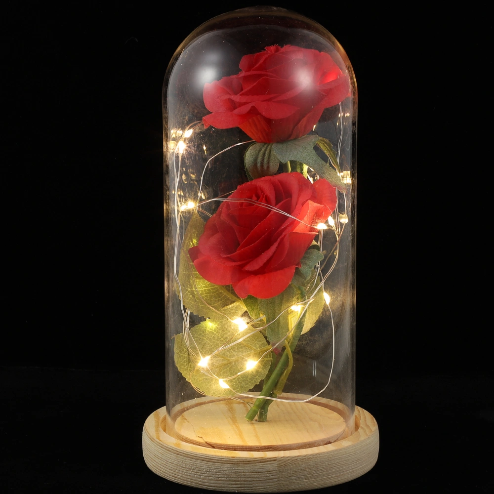 2 Eternal Rose Flower with LED String Light Preserved in Glass Dome on Beige Wooden Base(Battery not included)