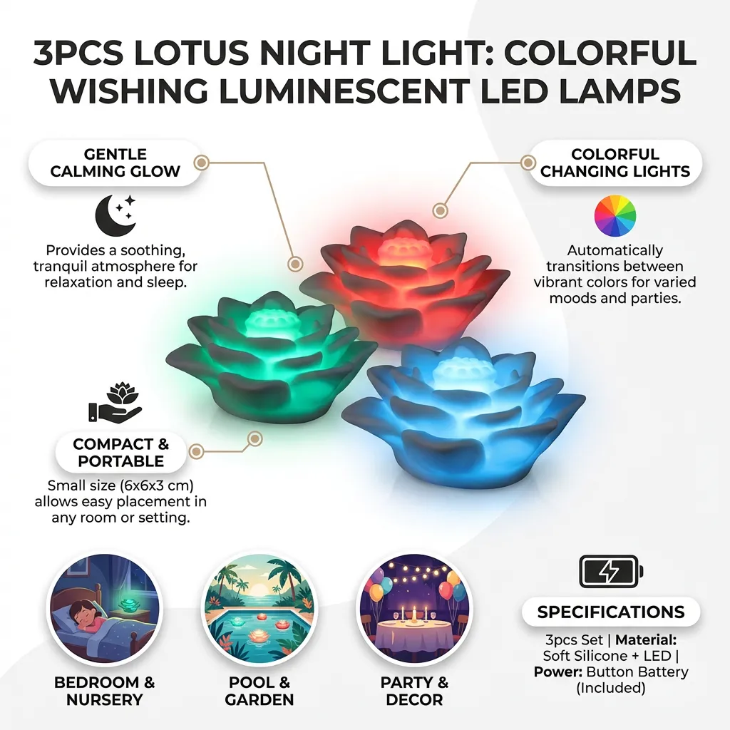3pcs Lotus Night Light Colorful Lights Table Lamp Wishing Luminescent LED Lamps for Bedroom Gift Party Home Decorations