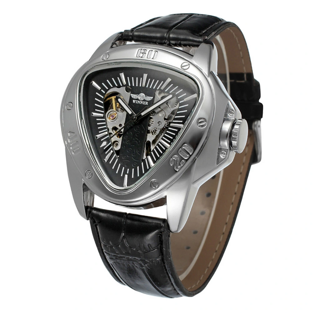 Men Automatic Mechanical Wrist Watch with PU Band (Black+Silver)