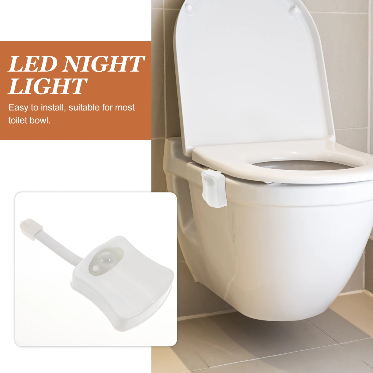 LED Toilet Lamp 8 Colors Human Body Induction Night Light Waterproof Inductive Light for Hallway Kitchen Bedroom Stairs Without Batteries (White)