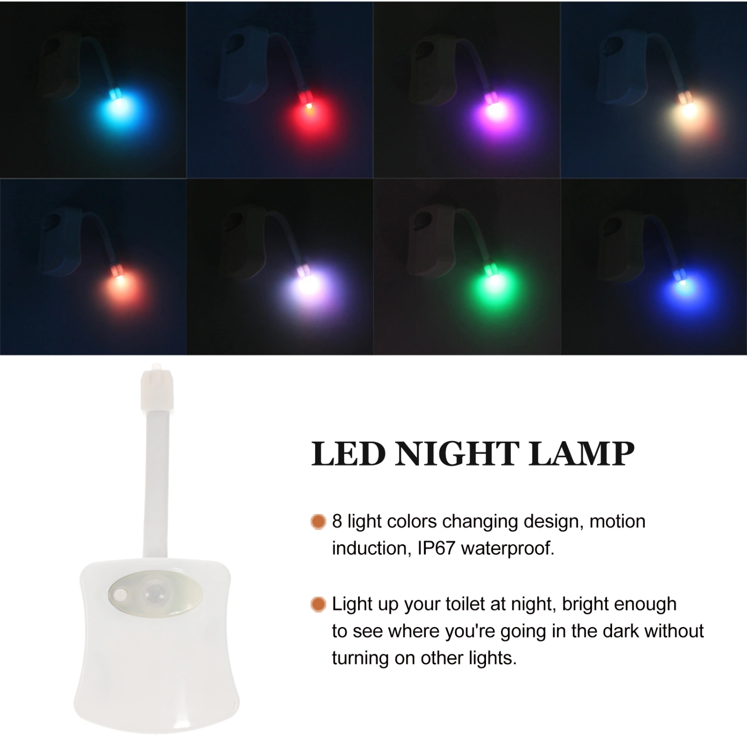 LED Toilet Lamp 8 Colors Human Body Induction Night Light Waterproof Inductive Light for Hallway Kitchen Bedroom Stairs Without Batteries (White)