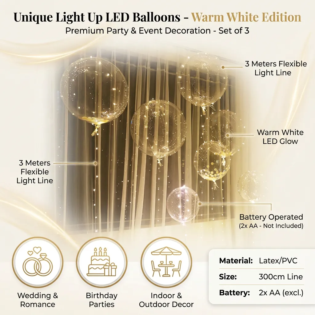 3 Sets Unique Light up Balloons Fashion LED Glowing Balloons Battery Operated Colorful Balloons Wedding Birthday Party Decoration Favors with 3 Meters Light Line (Without Batteries, Warm White Light)