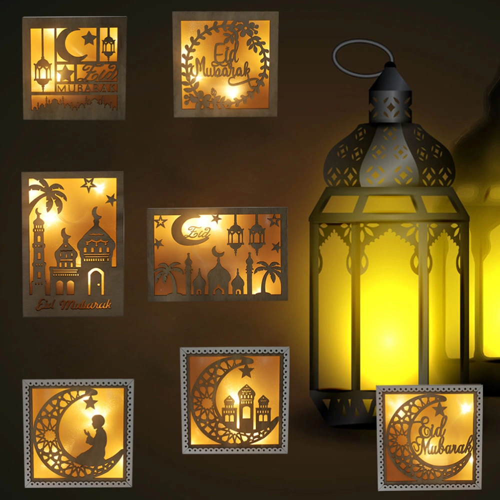 1pc Elegant Wooden Ramadan Eid Hollow out LED Lamp Adornment Desktop Ornament Wall Decorations for Home Restaurant without Battery