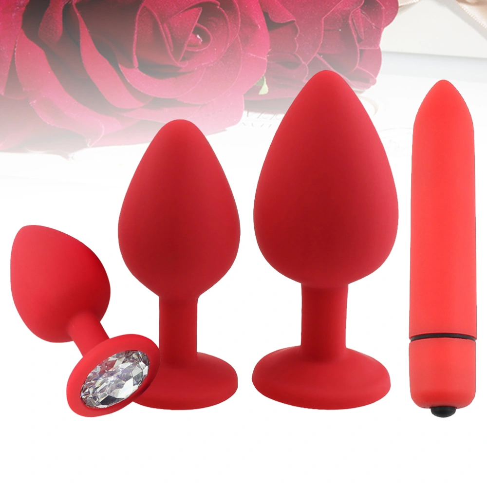 4pcs in 1 Set Red Simulate Diamond Safety Dildo Silicone G-Spot Penis Dong Vaginal G-spot Anal Masturbation Sex Toy Portable Handheld Tool for Women Couple(3pcs Different Size Dildo and 1pc Stick)