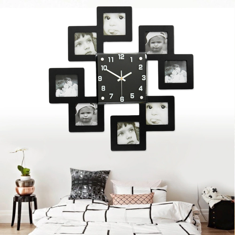 Creative Wooden Wall Clock with 8 Photo Frames Decorative Silent Hanging Clocks without Battery (Black)