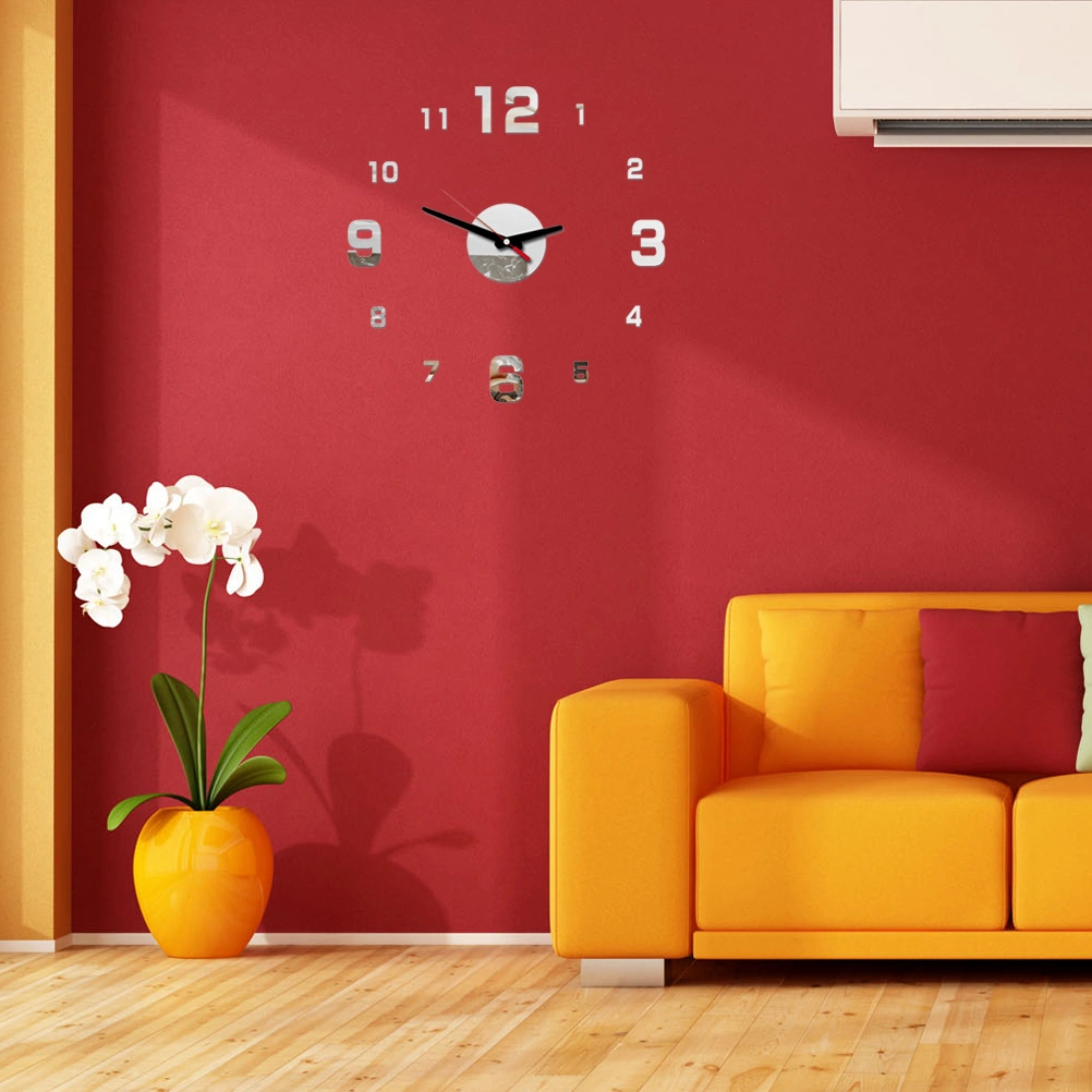 Frameless DIY Wall Clock Arabic Numbers Adhesive Modern Art Wall Clock Silent 3D Acrylic Sticker Home Decorations for Living Room Bedroom - Silver (GZ-087A)