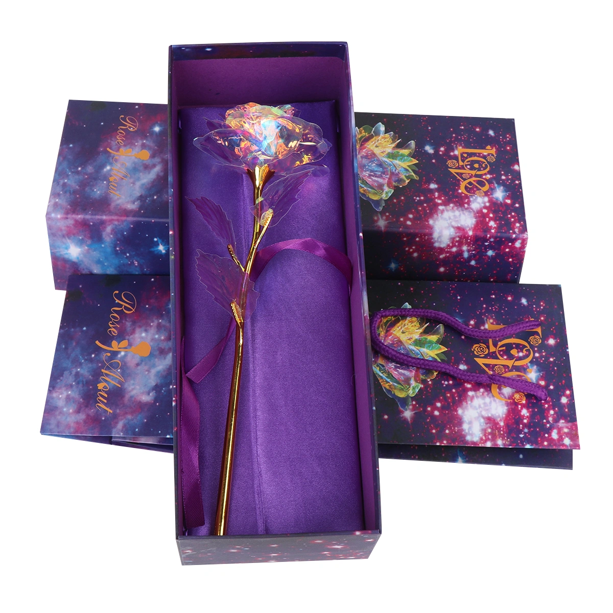 Creative LOVE Base Gold Rose Romantic Rose Present for Christmas Valentine's Day (Flower with Vibratio Light Style, Purple Box, Handbag, LOVE Base)