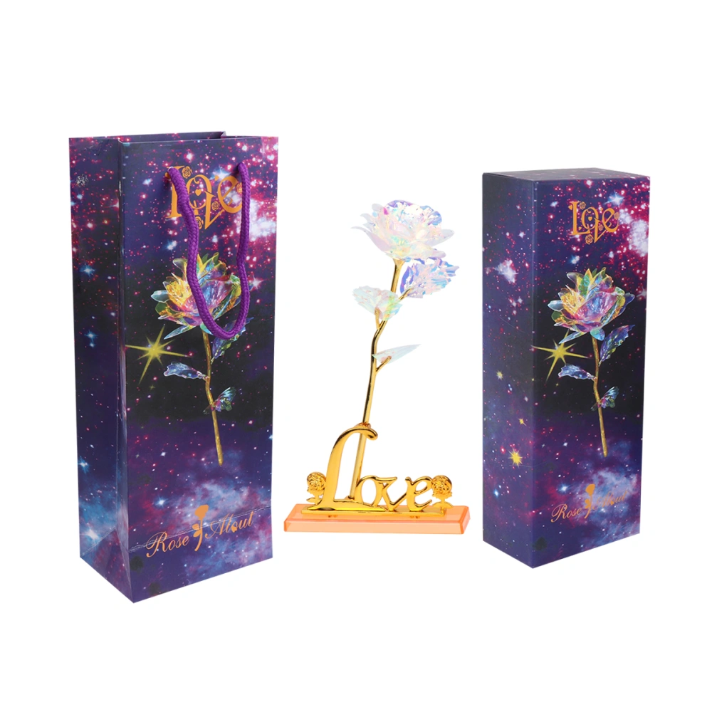 Creative LOVE Base Gold Rose Romantic Rose Present for Christmas Valentine's Day (Flower with Vibratio Light Style, Purple Box, Handbag, LOVE Base)