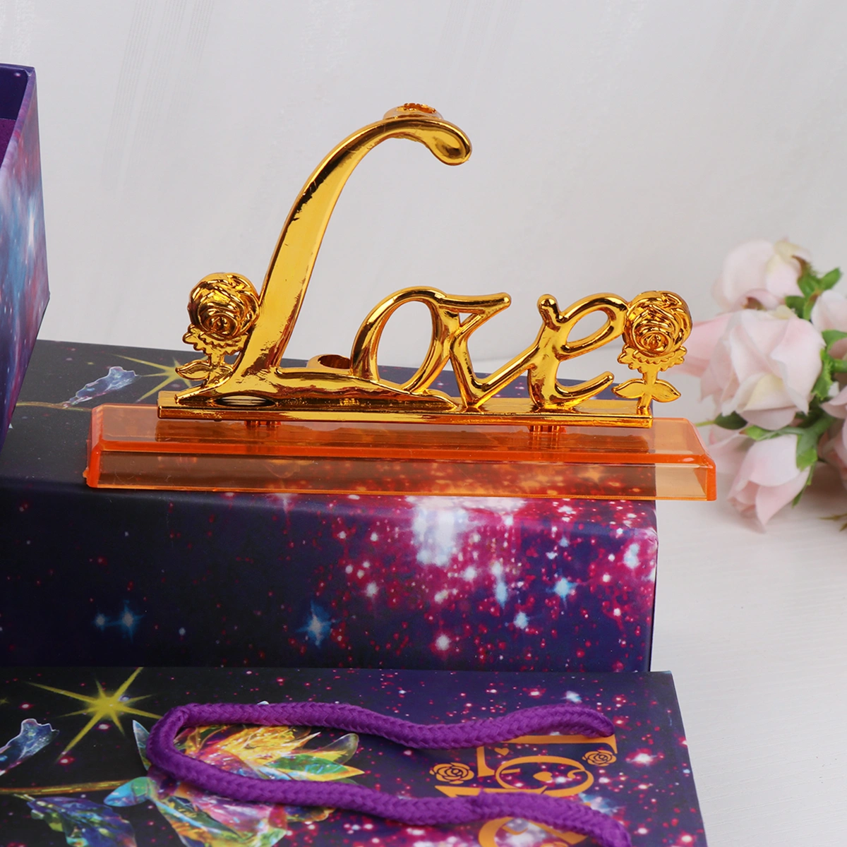 Creative LOVE Base Gold Rose Romantic Rose Present for Christmas Valentine's Day (Flower with Vibratio Light Style, Purple Box, Handbag, LOVE Base)