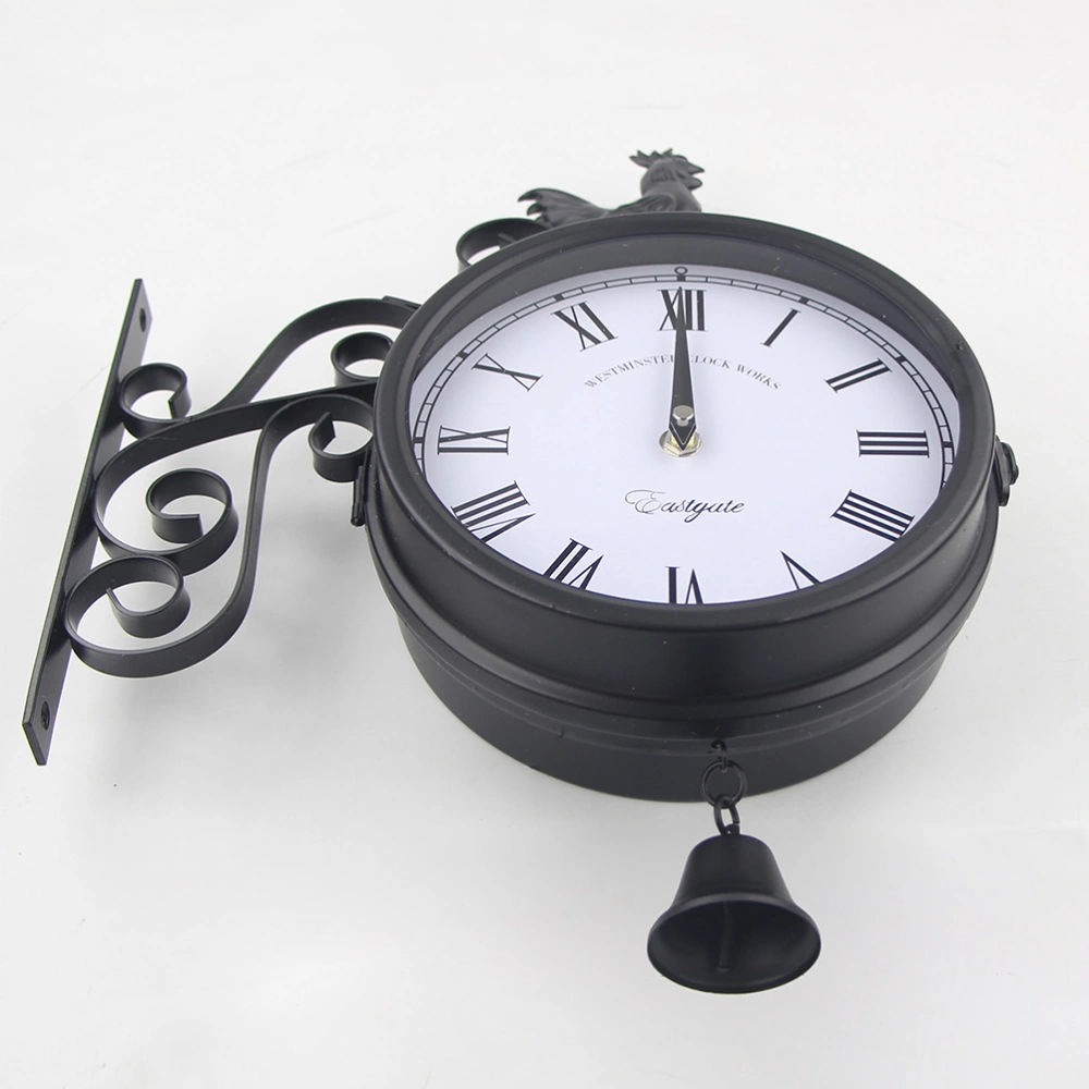 Outdoor Wrought Iron Wall Clock Garden Creative Fashion Double-sided Bell Shape Wall Hanging Clock without Battery (Black)