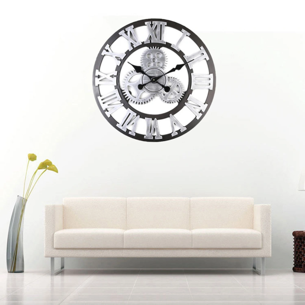 Vintage Large Hanging Clock Roman Numerals Wheel Gear Non-ticking Quiet Sweep Accurate Clock Wall Art Living Room Office Hotel Decoration (Silver)