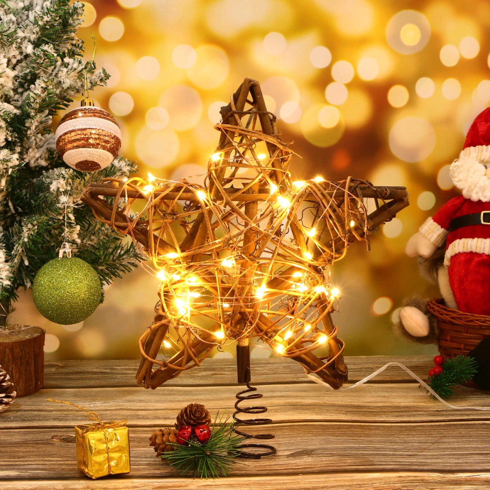 Christmas Five-Pointed Star Ornament LED Wooden Rattan Decor (No Dry Battery)