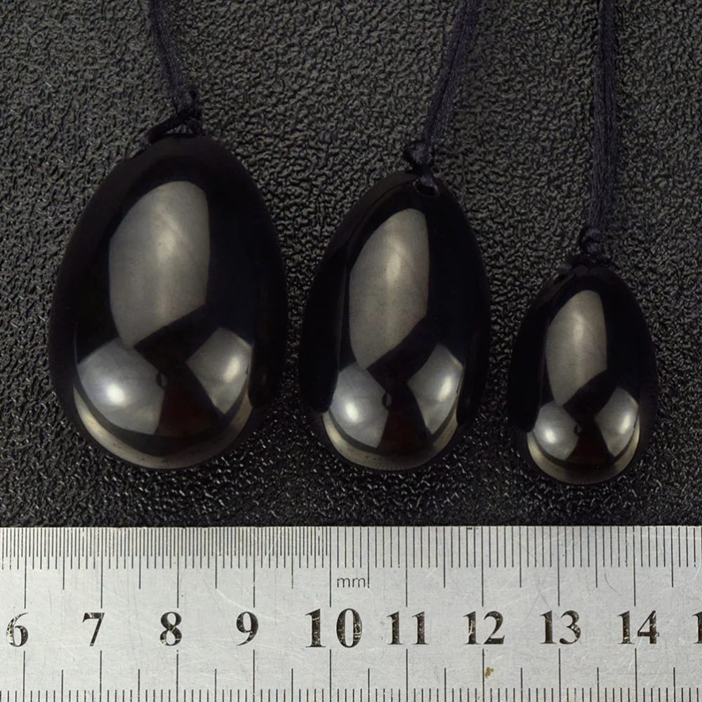 Natural Obsidian Jade Yoni Eggs Pelvic Floor Muscle Massage Exercise Vaginal Exercise Tightening Balls with Hanging Lanyard for Pregnant Women Health Care (Black)