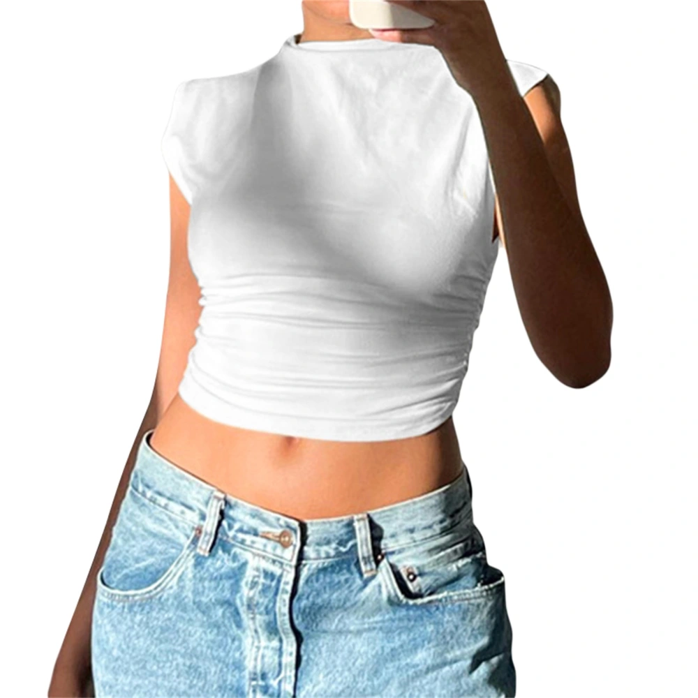 Women's Summer Slim Tank Tops White Sleeveless Round Neck Skinny Ruched Crop Tops