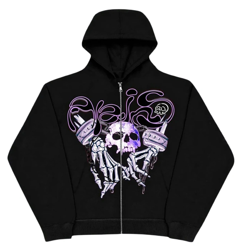 Women's Skeleton Pattern Hoodies Gothic Punk Long Sleeve Full Zip Oversized Sweatshirts Streetwear Tops