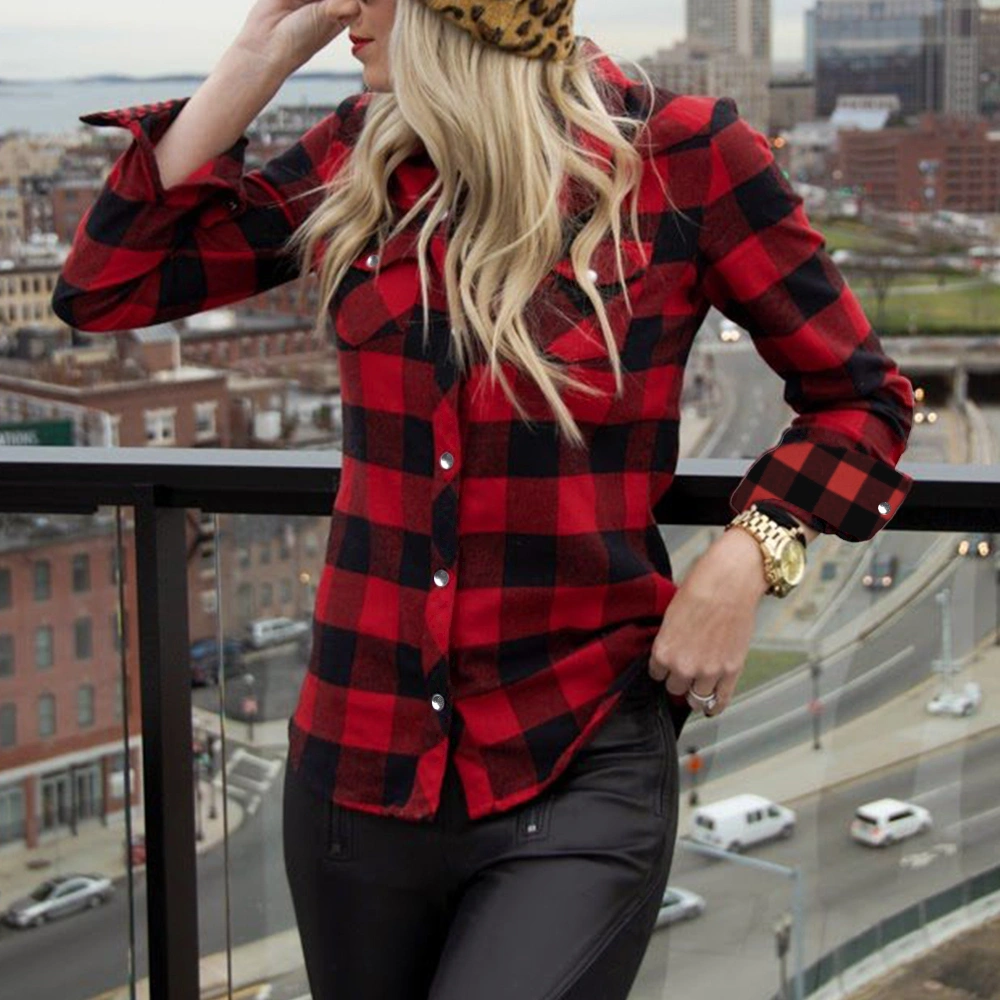 Women Plaid Check Button Up Blouse Ladies Long Sleeve Shirt Casual Work OL Tops