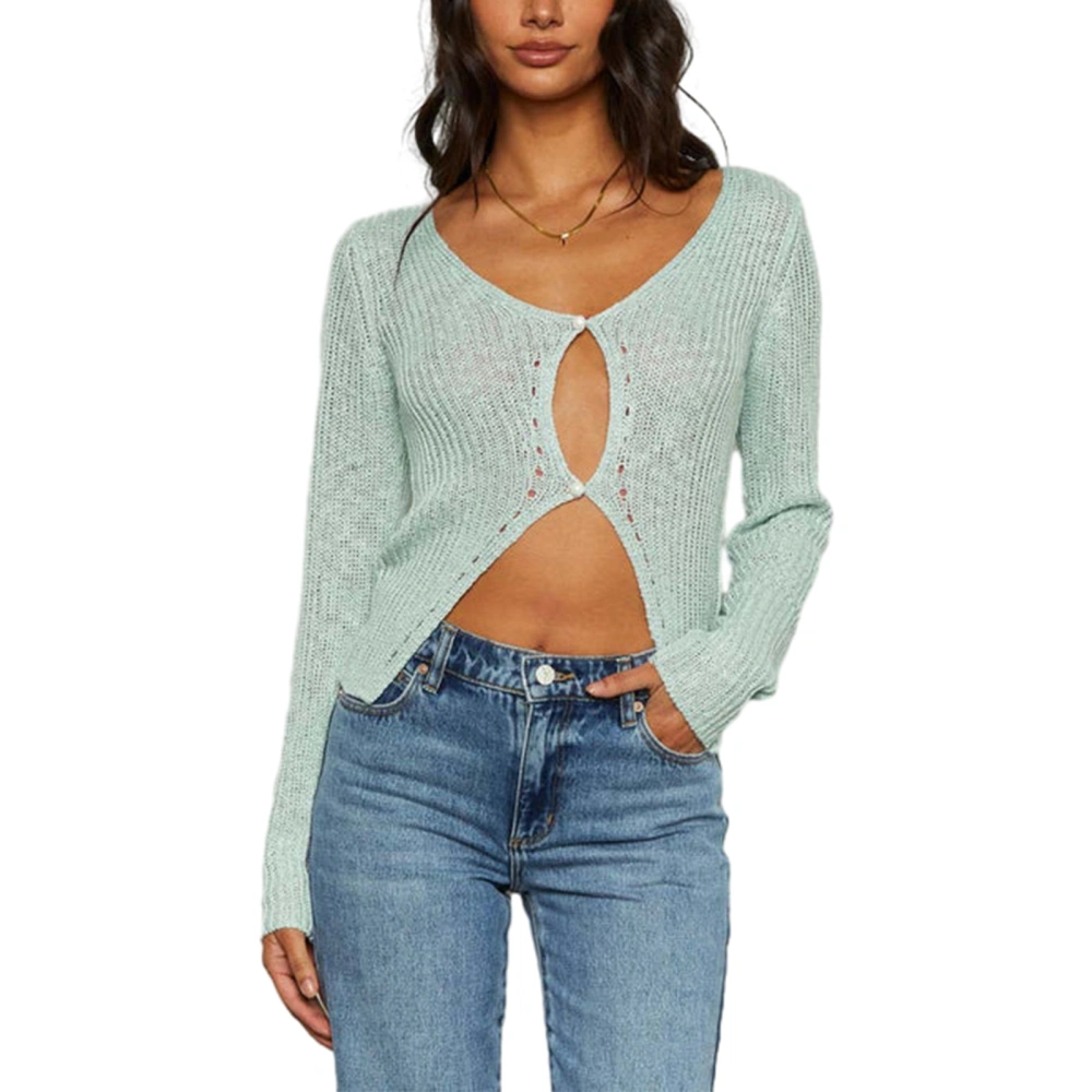 Women's Summer Cropped Knit Tops Solid Color Pearl Button V-Neck Long Sleeve Spring Slim Sweaters Knitwear