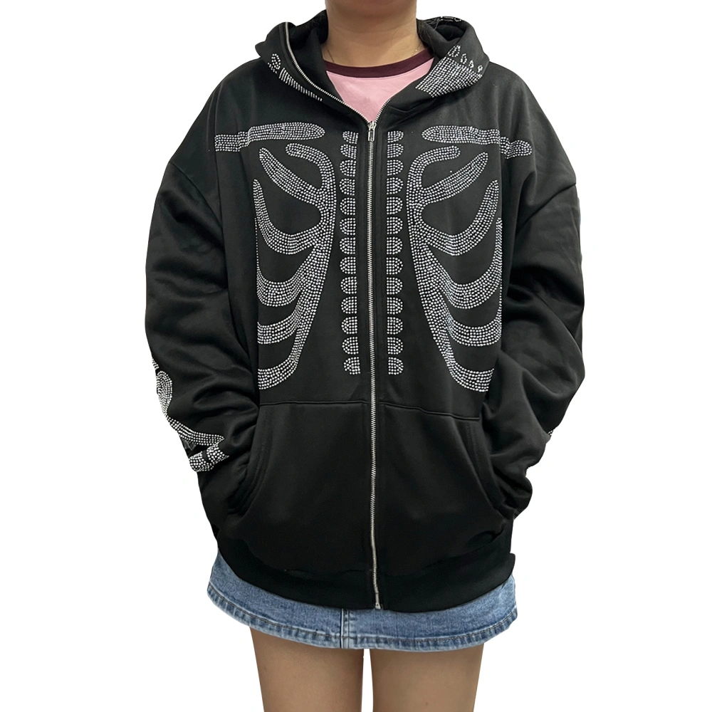 Women Full Zipper Hoodies Rhinestone Skeleton Print Long Sleeve Sweatshirt Jacket with Pocket for Autumn Streetwear