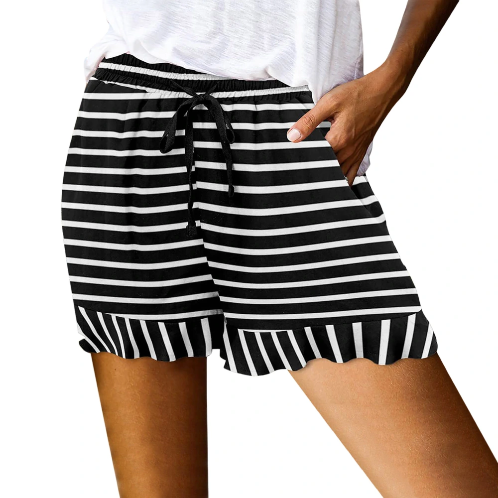 Women Summer Casual Shorts Floral/Stripe Print Ruffled Elastic Waist Short Pants with Pocket for Beach Streetwear