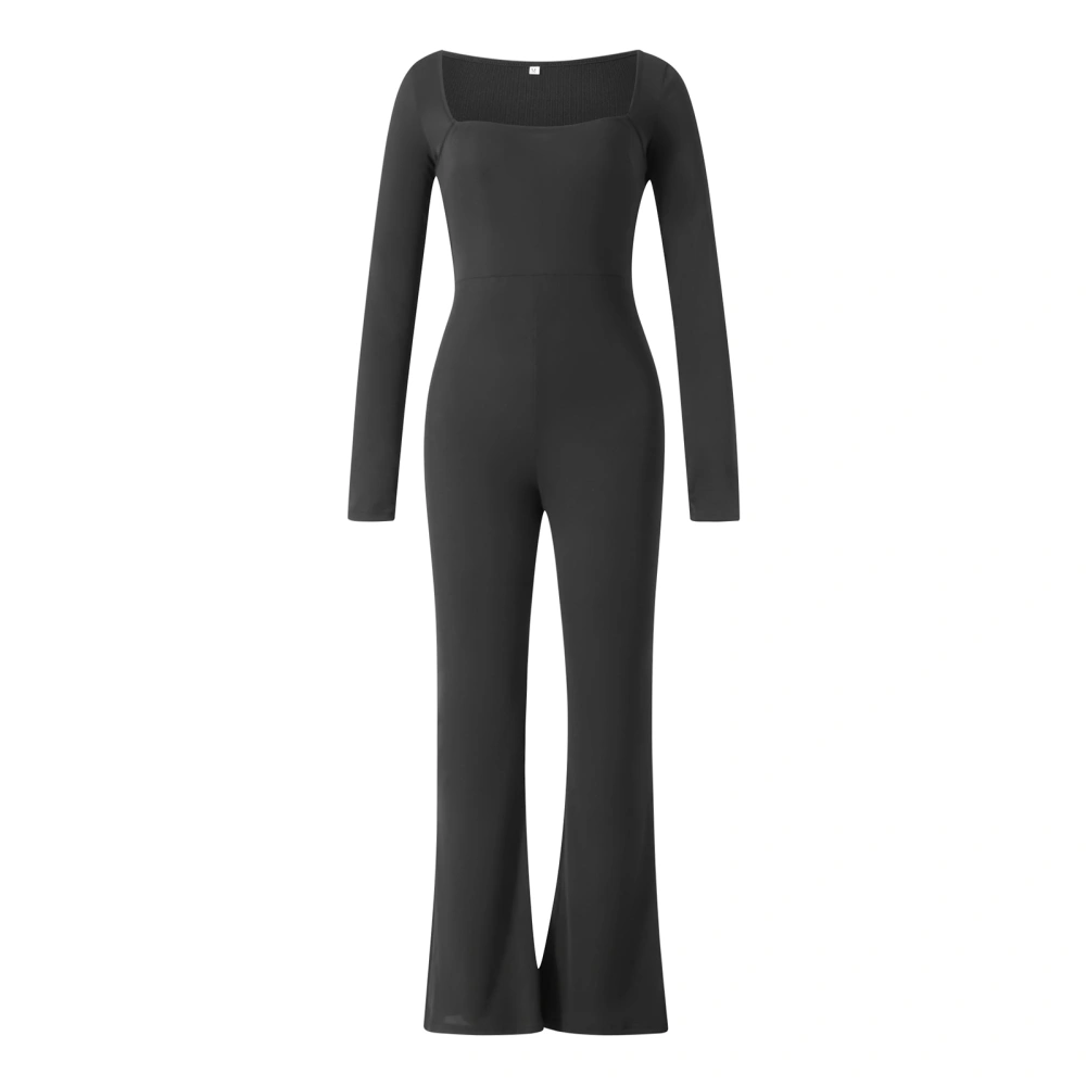 Women Flared Pants Jumpsuit Casual Slim Fit Solid Color Square Neck Long Sleeve Romper Clubwear Streetwear