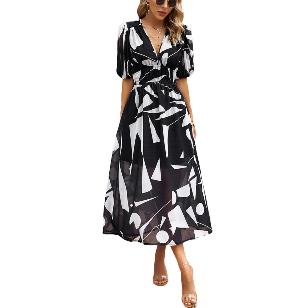 Women's Summer Long A-line Dress Short Sleeve V Neck Pattern/Floral Print Beach Dress