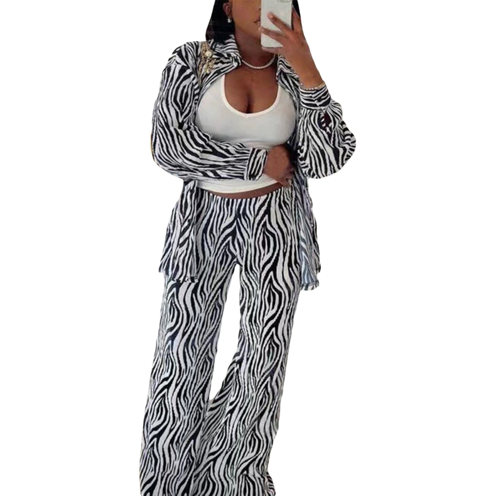 Women 2 Piece Outfits Zebra Stripe Long Sleeve Shirt and Elastic Wide Leg Pants Set Streetwear Aesthetic Clothes