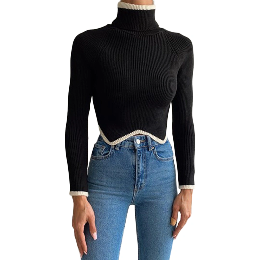 Women Sweater Knit Pullover Long Sleeve Turtleneck Contrast Color Irregular Hem Crop Top