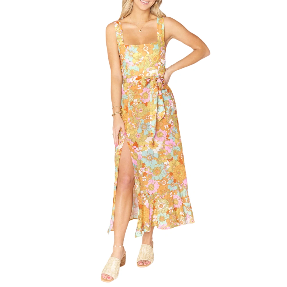 Women's High Split Long Dress, Sleeveless Bow Tie Strap Floral Print Slim Fit Beach Dress