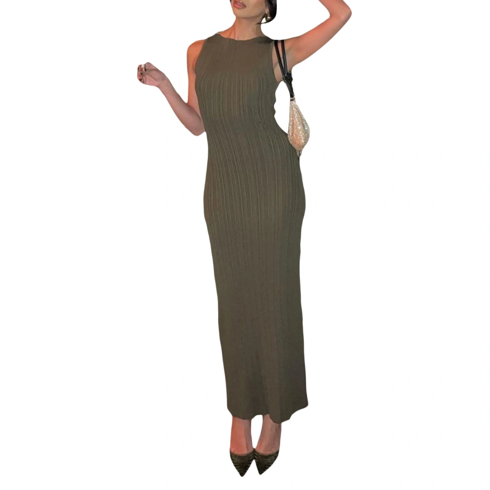 Women&acute;s Summer Long Skinny Dress Solid Color Sleeveless O Neck Knit Ribbed Dress