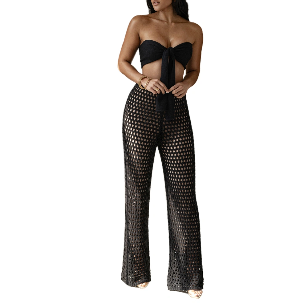 Women 2 Piece Outfits Basic Knotted Bandeau and Casual Crochet Cutout High Waist Flared Pants Set