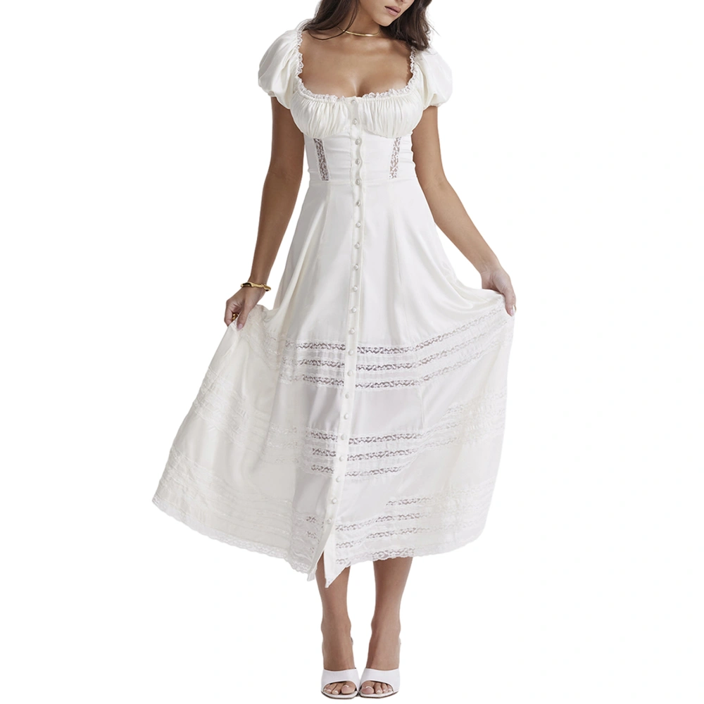 Women Long Dress, Elegant Short Sleeve Square Neck See-through Patchwork Swing Dress Summer Dress