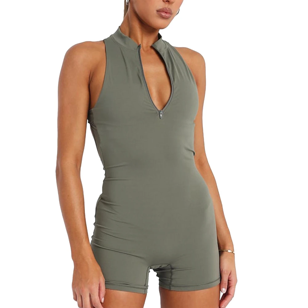 Women Summer Solid Color Playsuits Zipper-Up Short Bodycon Jumpsuits