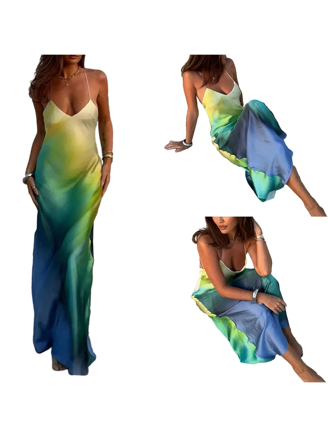 Women's Summer Cami Long Dress Gradient Color Spaghetti Strap V-Neck Backless Beach Party Dress