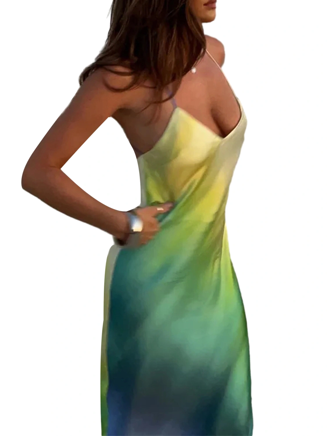 Women's Summer Cami Long Dress Gradient Color Spaghetti Strap V-Neck Backless Beach Party Dress