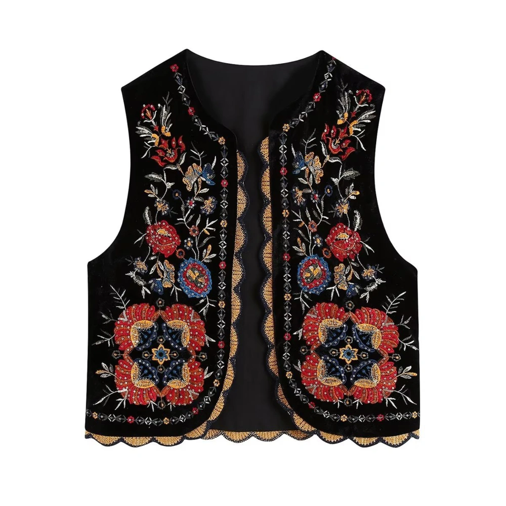 Women Vest, Sleeveless Open Front Embroidery Flower Outwear Gilet for Casual Street