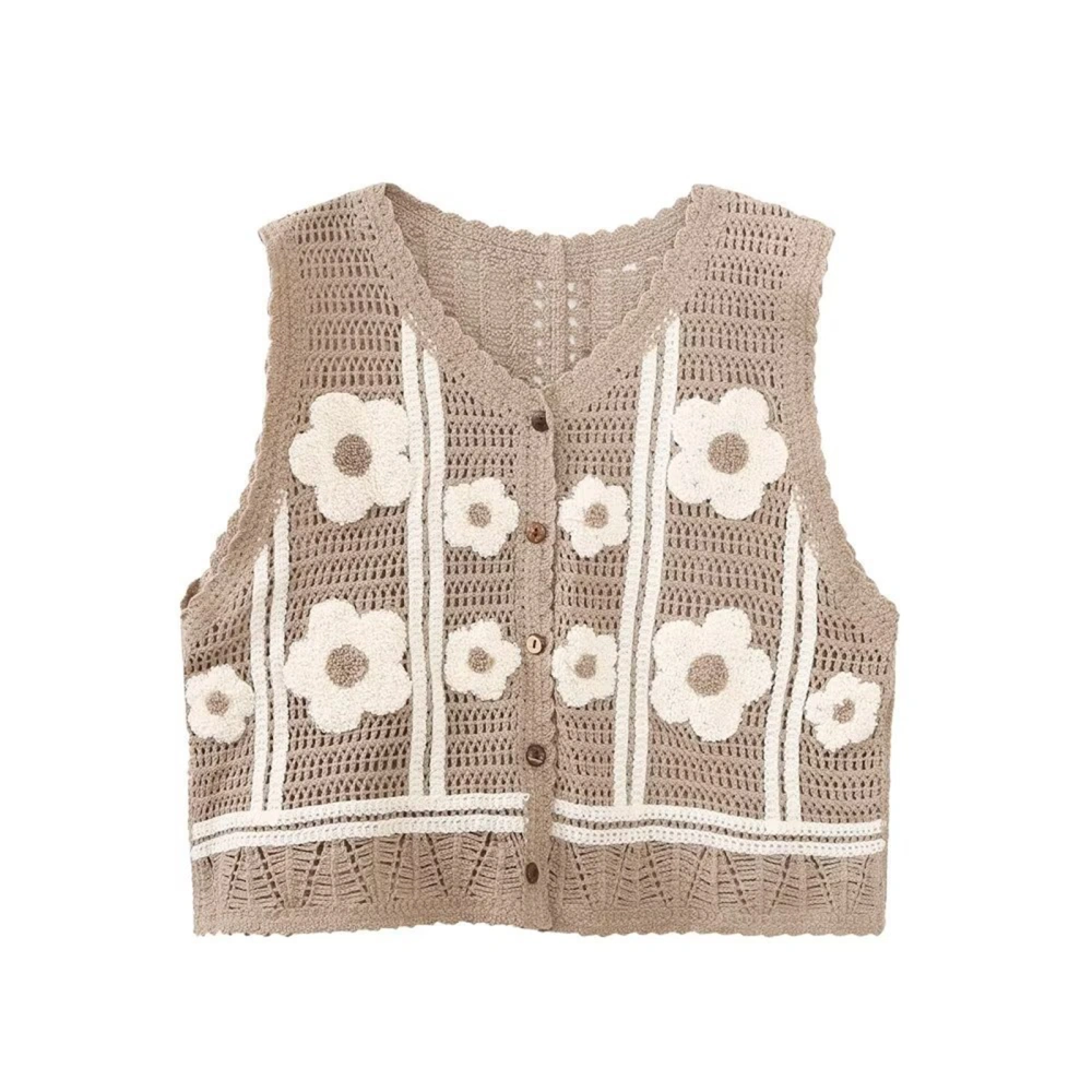 Women's Summer Casual Knit Vest Sleeveless V Neck Button Floral Crochet Tank Tops