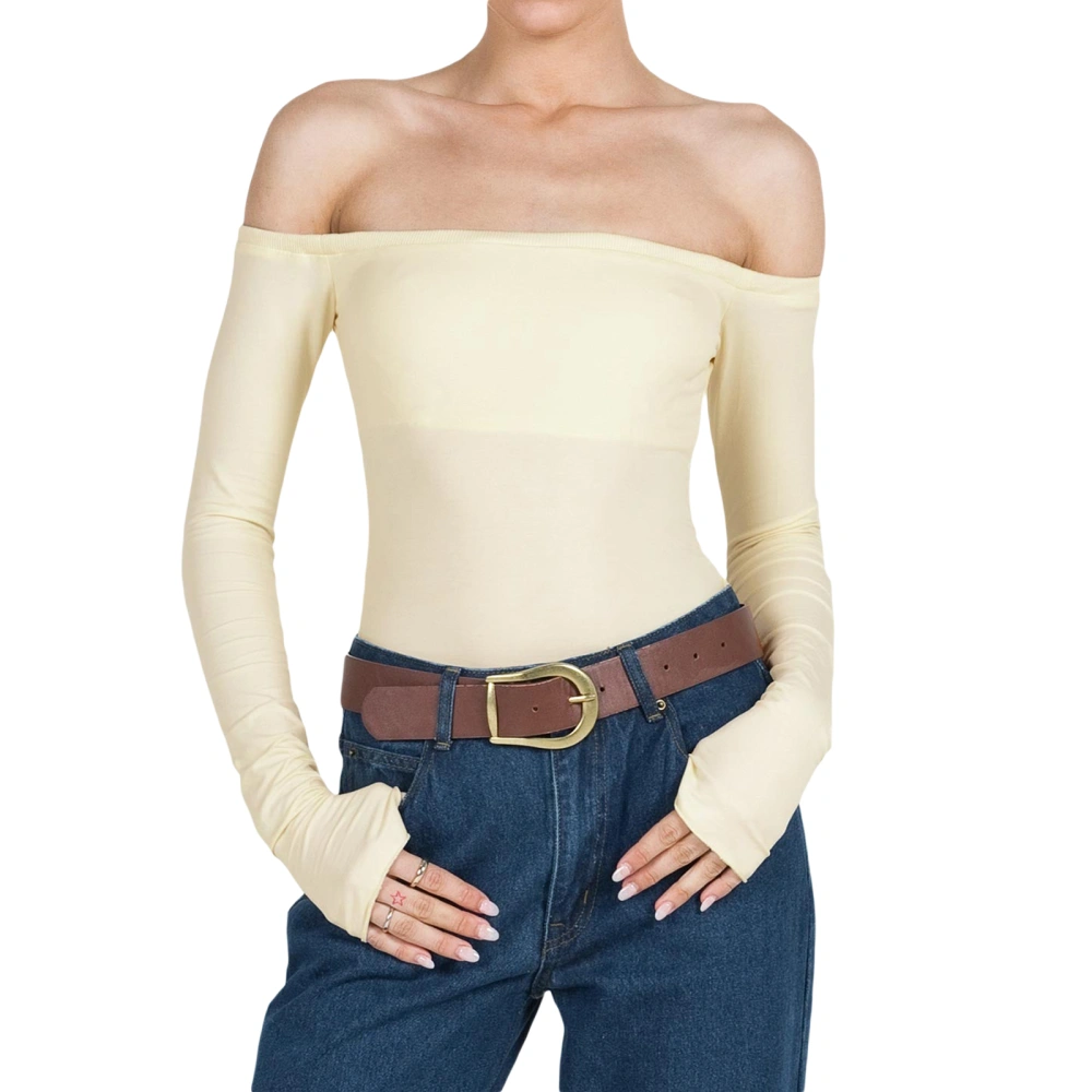 Women’s Slim Cropped Tops Solid Color Long Sleeve Off Shoulder T-Shirt Clubwear for Spring Summer