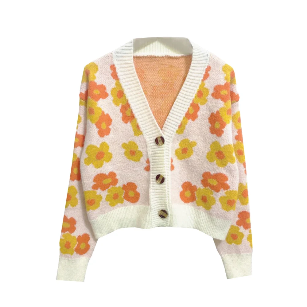 Women Cropped Cardigan, Long Sleeve Button Down Floral Knit Sweater