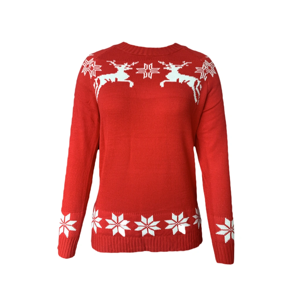 Women's Christmas Sweaters, Long Sleeve Elk Snowflake Print Knit Tops