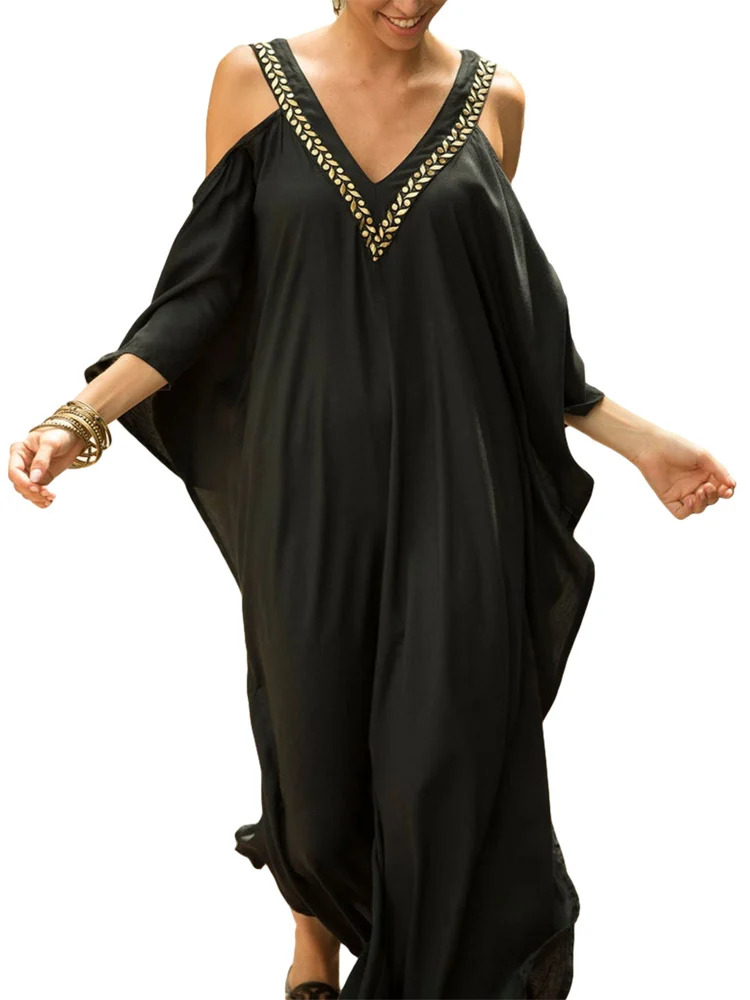 Women´s Smock, Beach Sling Embroidery Strapless Imitation Rayon V-neck Robe for Female