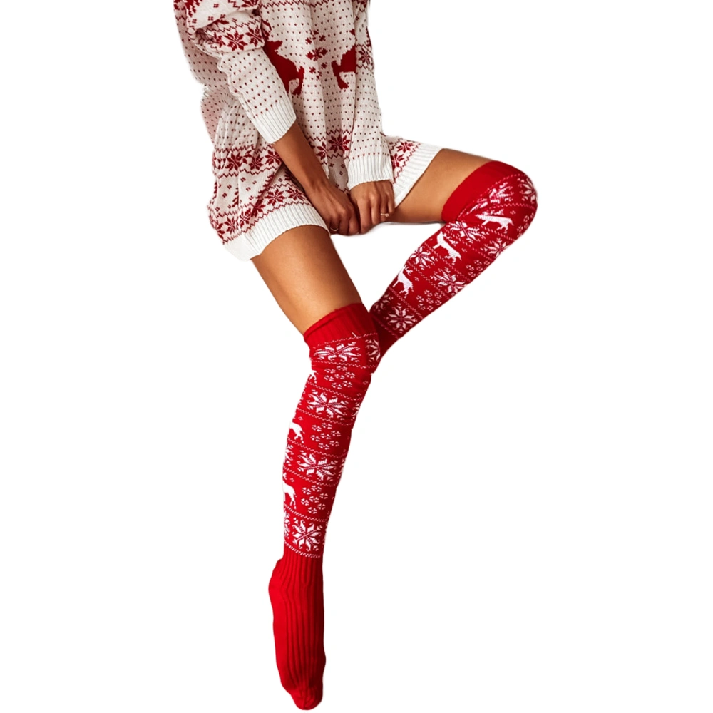 Women's Christmas Thigh High Socks, Snowflake Print Knit Over The Knee Stockings for Fall Winter