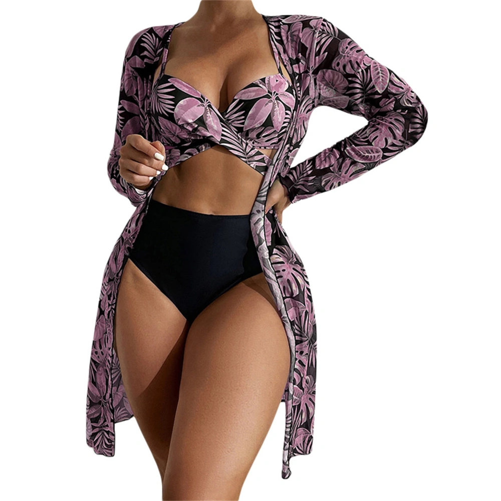 Women 3 Pieces Bikini Swimsuits Leaves Print Sling Padded Bra High Waist Bottoms Long Sleeve Cover-Ups Bathing Suit Set