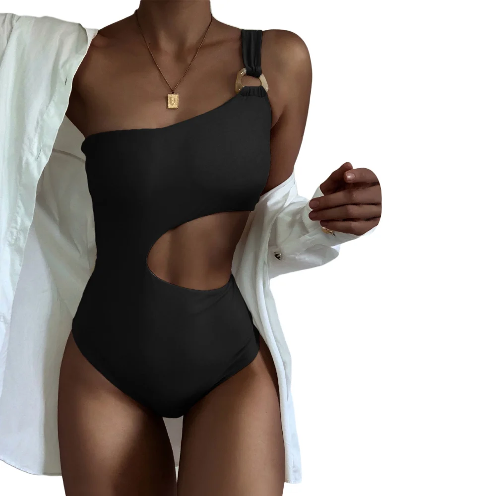 Women's Summer Slim Romper Swimwear Solid Color One Shoulder Hollow Bathing Suit