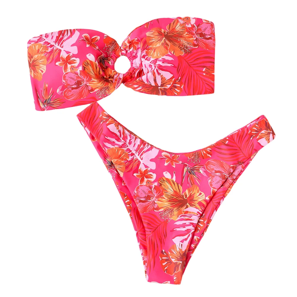 Women 2 Pieces Swimsuit Outfits Floral Print Strapless Wrap Chest Padded Tube Tops and Thong Bottoms Beach Bikini Set