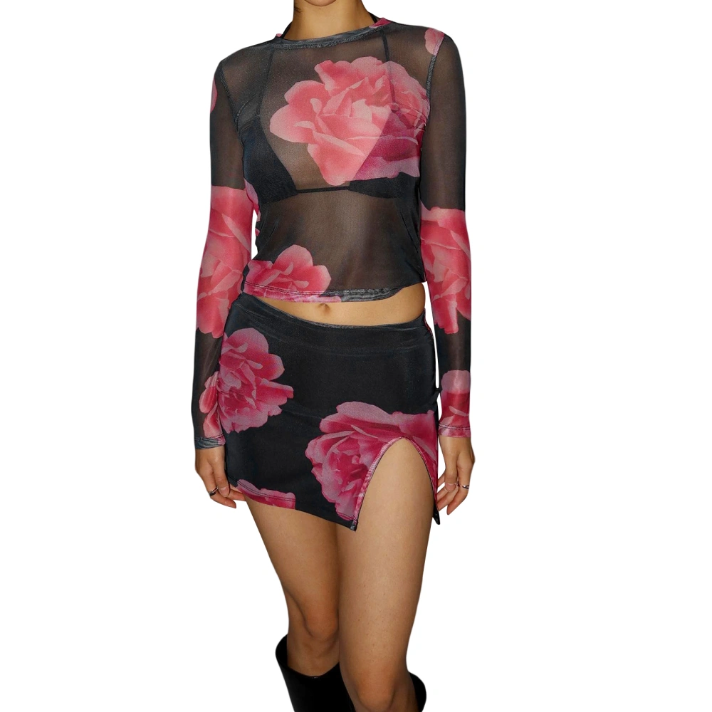 Women's 2 Piece Summer Outfits Long Sleeve Sheer Crop Tops Floral Bodycon Skirt Set