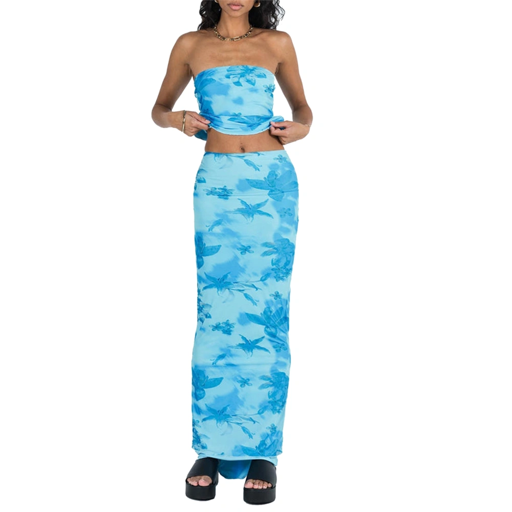 Women Skirt Set, Flower Print Strapless Backless Tube Top with Long Skirt Summer Outfit