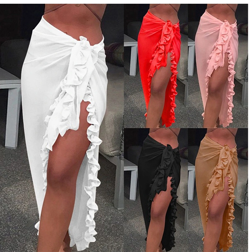 Women Beach Skirt Ruffles Cover Up Skirt Sarong Bikini Women Beach Chiffon Wrap Skirts Swimwear