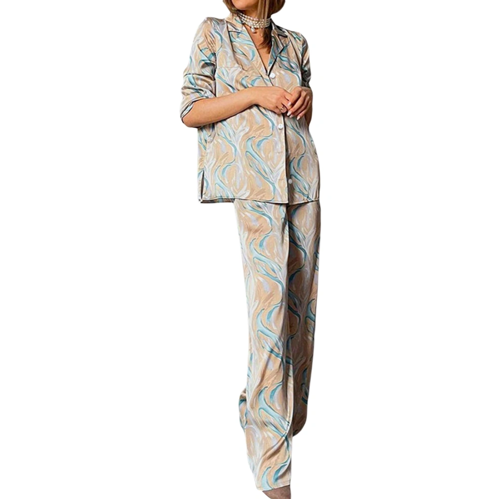 Women Pajama Set, Abstract Print Long Sleeve Button Closure Tops with Pants Sleepwear Loungewear