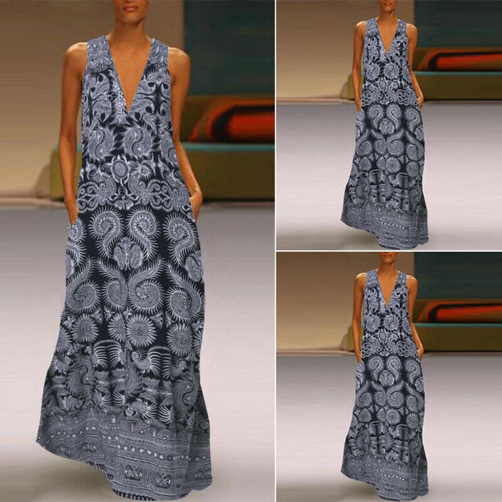 ZANZEA Women Retro Sleeveless V-Neck Printed Dress Kaftan Maxi Long Dress